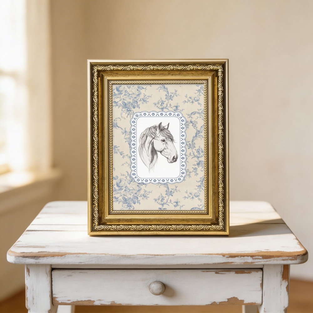 Blue Tiole Equestrian Sketch Framed Art